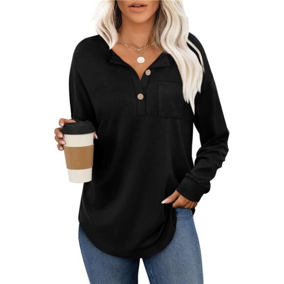 Versatile V-Neck Henley Tunic – Curved Hem Long Sleeve Top with Pocket - Picture 1 of 6